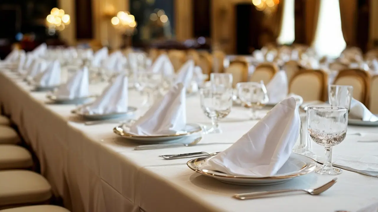 Elegant banquet and hotel textiles available in Texas, including chair covers, table linens, and overlays for event halls and showrooms in Dallas and Austin.